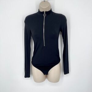 Enza Costa Women's Italian Viscose Mock Neck Zip Front Bodysuit NEW Sz XS Black